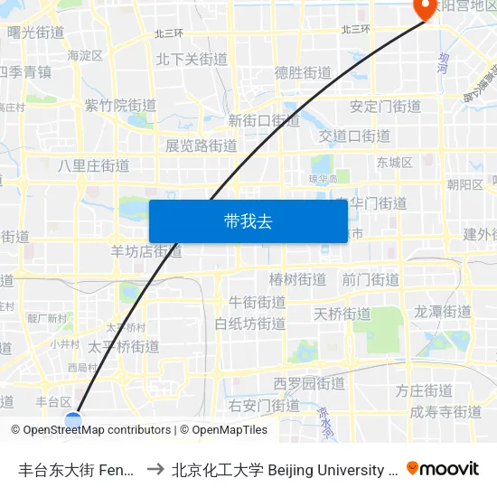 丰台东大街 Fengtai Dongdajie to 北京化工大学 Beijing University of Chemical Technology map