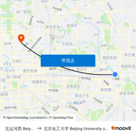 北运河西 Beiyunhe XI (W) to 北京化工大学 Beijing University of Chemical Technology map