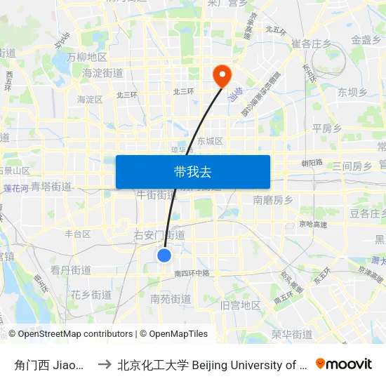角门西 Jiaomen XI (W) to 北京化工大学 Beijing University of Chemical Technology map