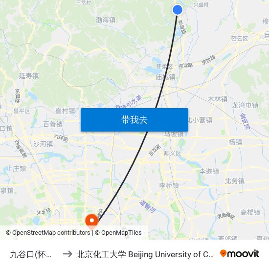 九谷口(怀北滑雪场) to 北京化工大学 Beijing University of Chemical Technology map