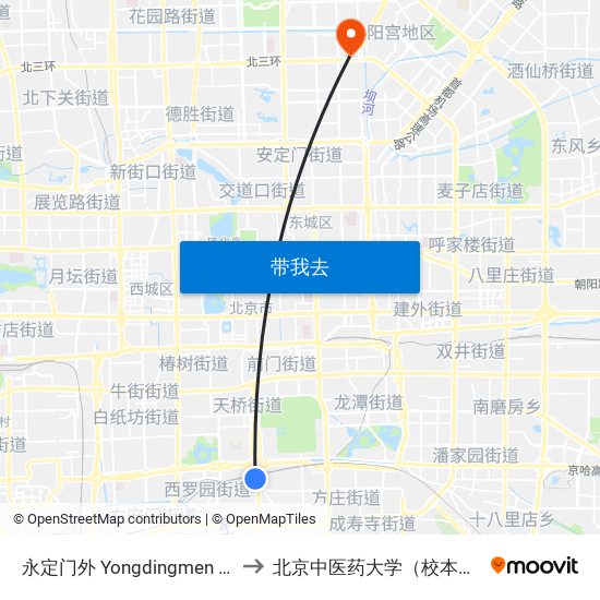 永定门外 Yongdingmen Wai to 北京中医药大学（校本部） map