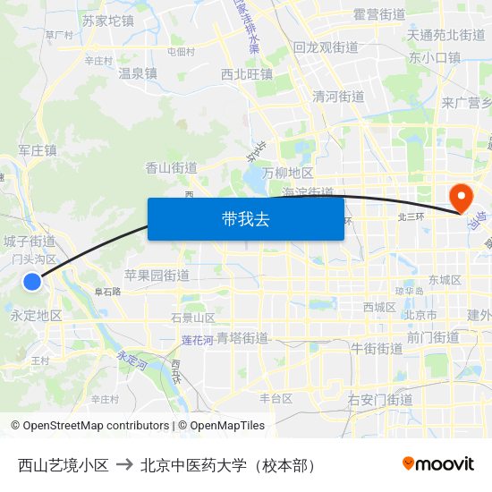 西山艺境小区 to 北京中医药大学（校本部） map