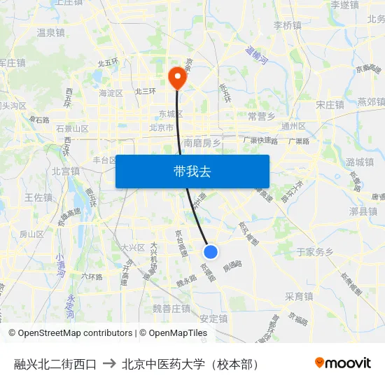 融兴北二街西口 to 北京中医药大学（校本部） map