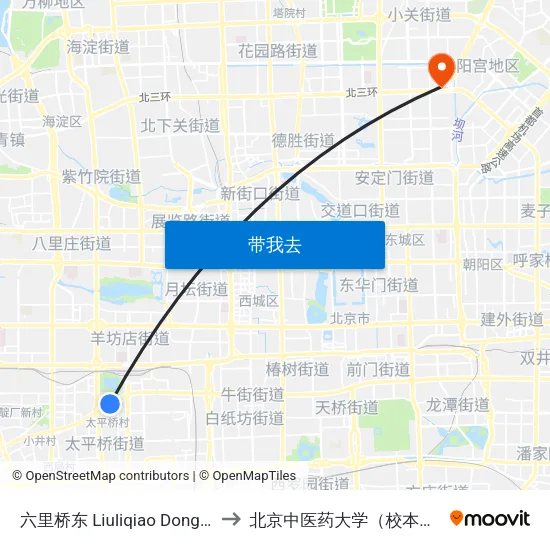 六里桥东 Liuliqiao Dong (E) to 北京中医药大学（校本部） map