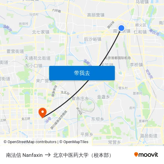 南法信 Nanfaxin to 北京中医药大学（校本部） map