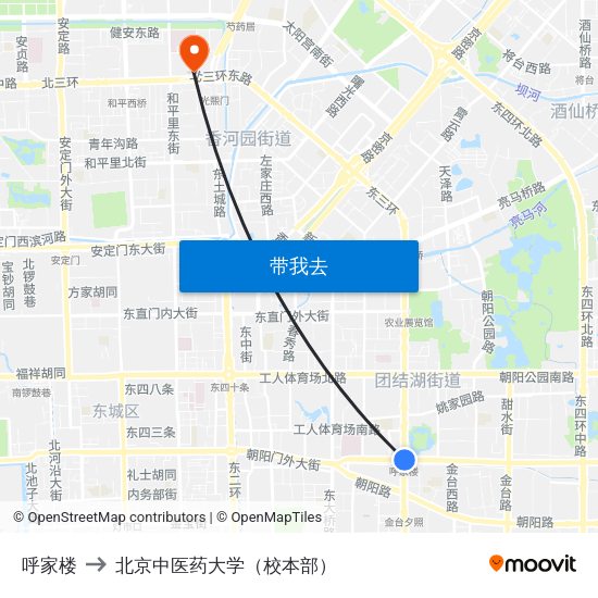 呼家楼 to 北京中医药大学（校本部） map