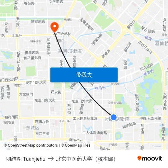 团结湖 Tuanjiehu to 北京中医药大学（校本部） map