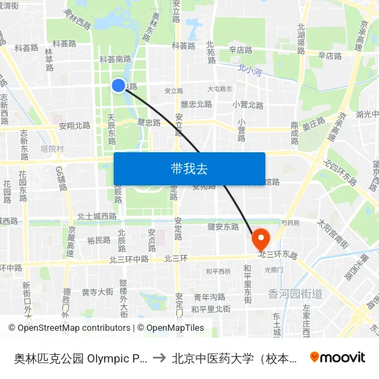 奥林匹克公园 Olympic Park to 北京中医药大学（校本部） map