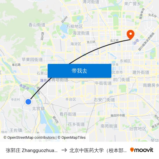 张郭庄 Zhangguozhuang to 北京中医药大学（校本部） map
