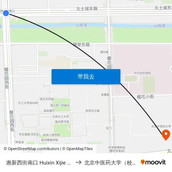 惠新西街南口 Huixin Xijie Nankou to 北京中医药大学（校本部） map