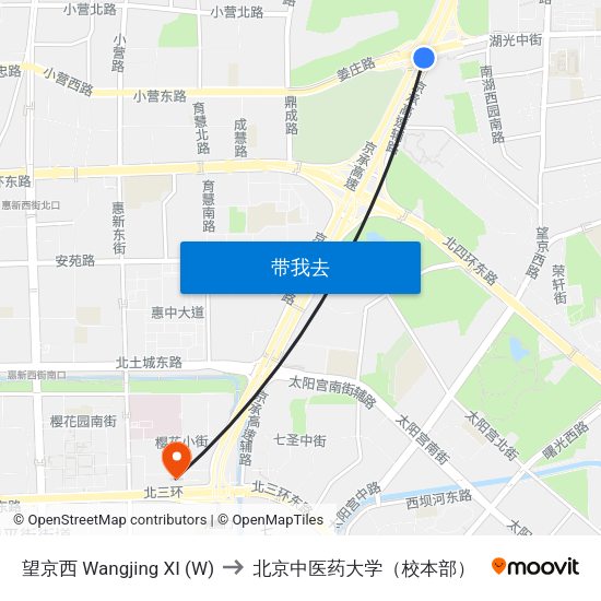 望京西 Wangjing XI (W) to 北京中医药大学（校本部） map