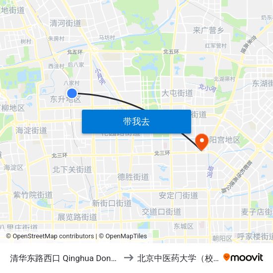 清华东路西口 Qinghua Donglu Xikou to 北京中医药大学（校本部） map