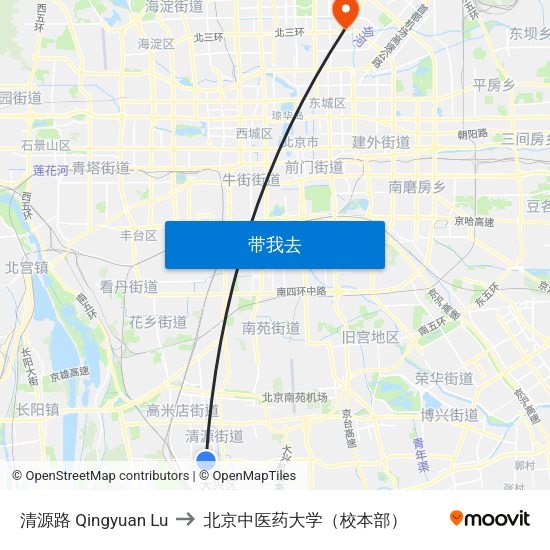 清源路 Qingyuan Lu to 北京中医药大学（校本部） map