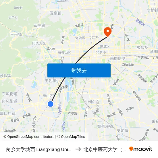 良乡大学城西 Liangxiang Univ. Town West to 北京中医药大学（校本部） map