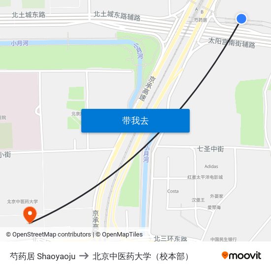 芍药居 Shaoyaoju to 北京中医药大学（校本部） map