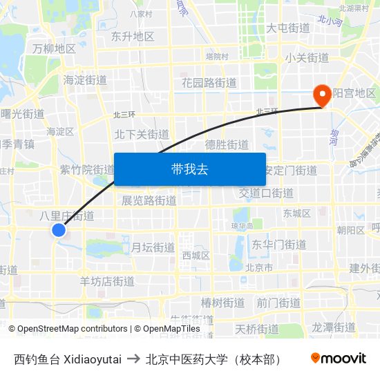 西钓鱼台 Xidiaoyutai to 北京中医药大学（校本部） map