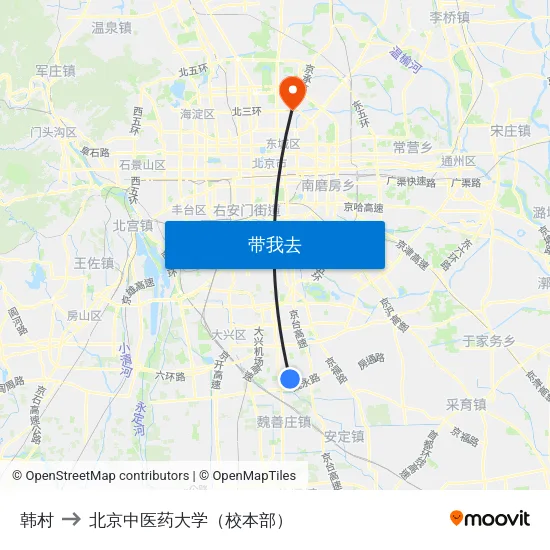 韩村 to 北京中医药大学（校本部） map