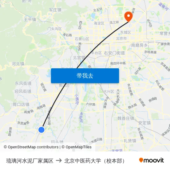 琉璃河水泥厂家属区 to 北京中医药大学（校本部） map