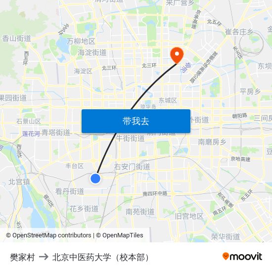 樊家村 to 北京中医药大学（校本部） map