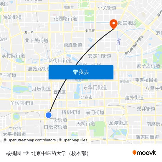 核桃园 to 北京中医药大学（校本部） map