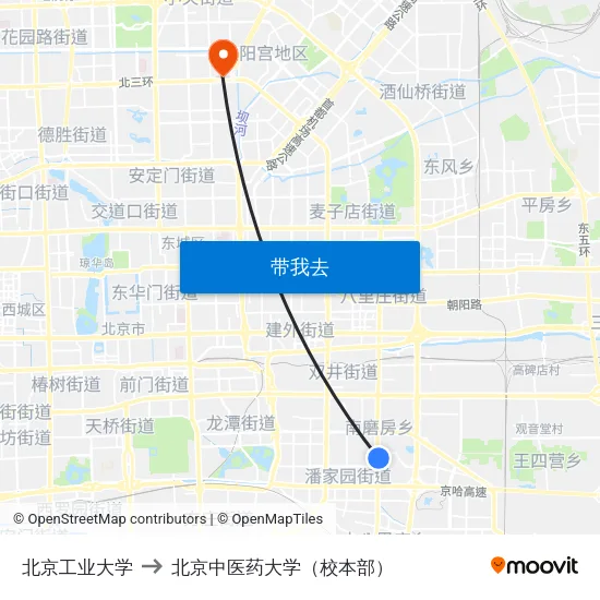 北京工业大学 to 北京中医药大学（校本部） map