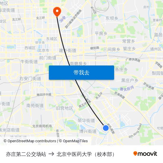 亦庄第二公交场站 to 北京中医药大学（校本部） map