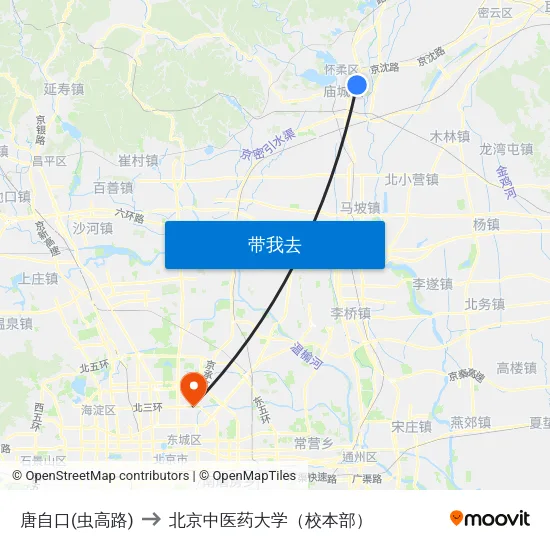 唐自口(虫高路) to 北京中医药大学（校本部） map