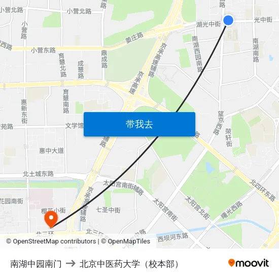南湖中园南门 to 北京中医药大学（校本部） map