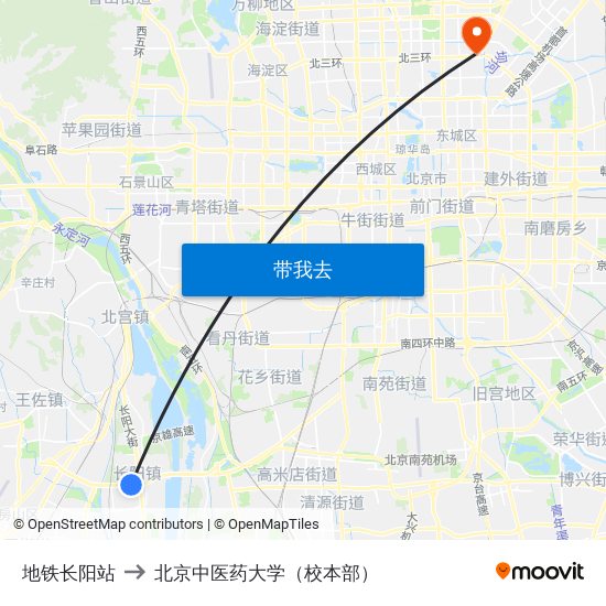 地铁长阳站 to 北京中医药大学（校本部） map