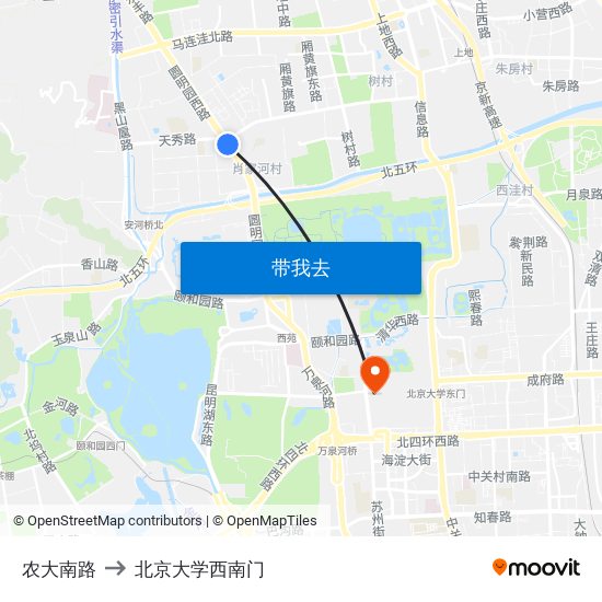 农大南路 to 北京大学西南门 map