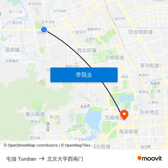 屯佃 Tundian to 北京大学西南门 map