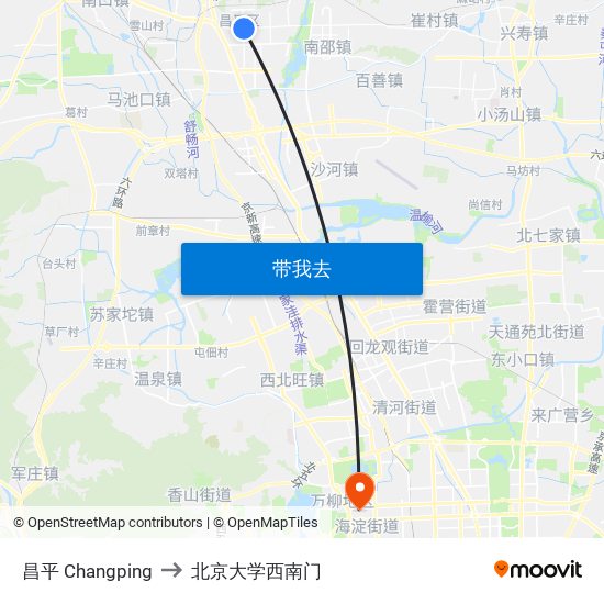昌平 Changping to 北京大学西南门 map
