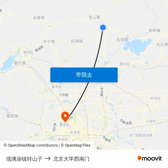 琉璃庙镇转山子 to 北京大学西南门 map