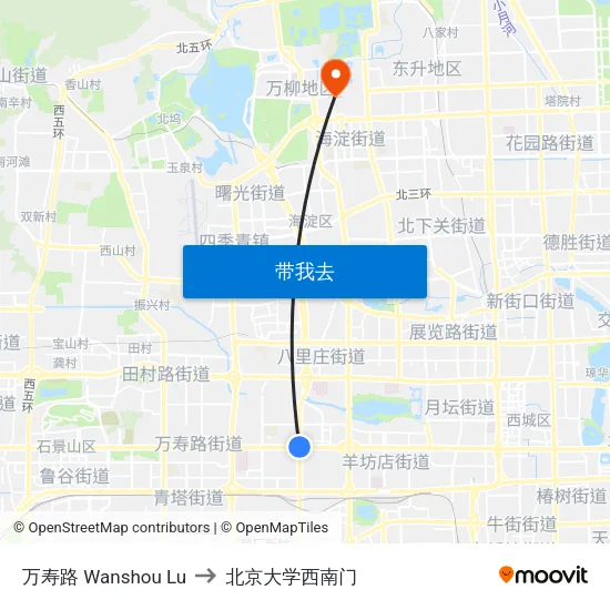 万寿路 Wanshou Lu to 北京大学西南门 map