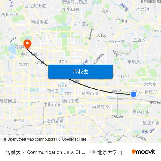 传媒大学 Communication Univ. Of China to 北京大学西南门 map