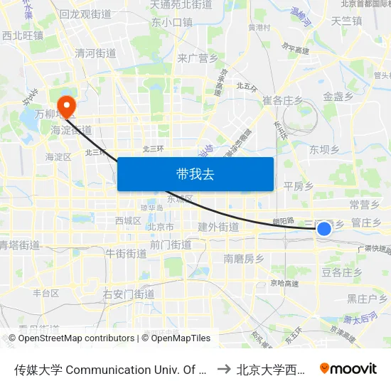 传媒大学 Communication Univ. Of China to 北京大学西南门 map