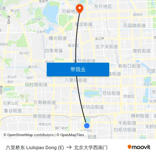 六里桥东 Liuliqiao Dong (E) to 北京大学西南门 map