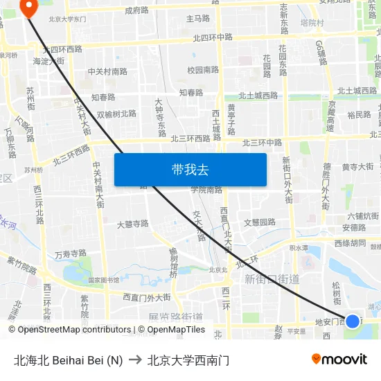 北海北 Beihai Bei (N) to 北京大学西南门 map