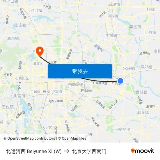 北运河西 Beiyunhe XI (W) to 北京大学西南门 map