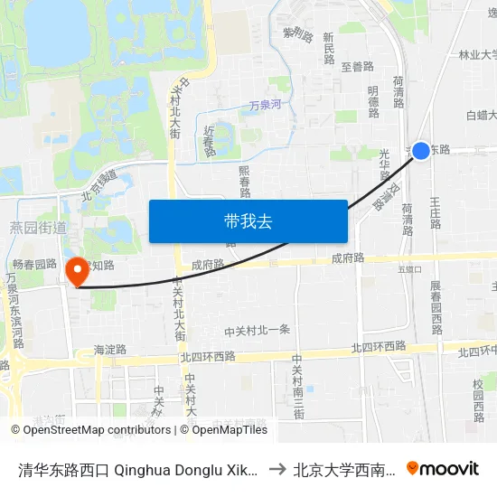 清华东路西口 Qinghua Donglu Xikou to 北京大学西南门 map