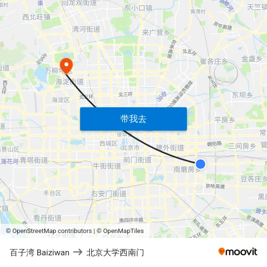 百子湾 Baiziwan to 北京大学西南门 map