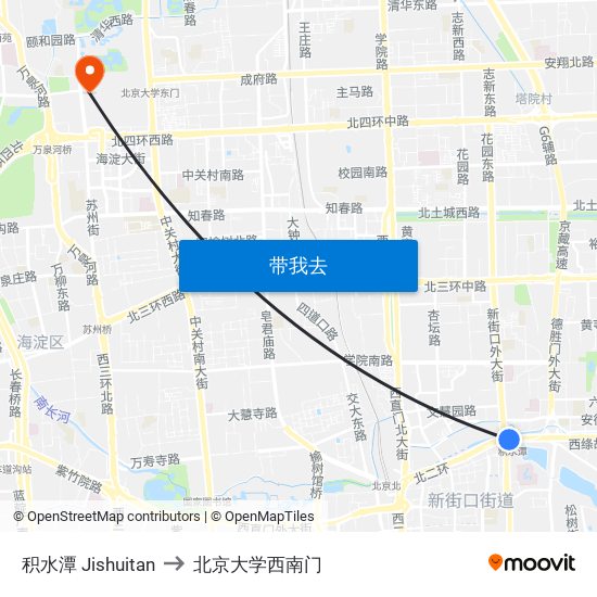 积水潭 Jishuitan to 北京大学西南门 map