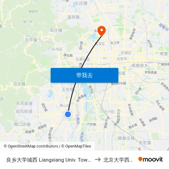 良乡大学城西 Liangxiang Univ. Town West to 北京大学西南门 map