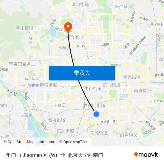 角门西 Jiaomen XI (W) to 北京大学西南门 map