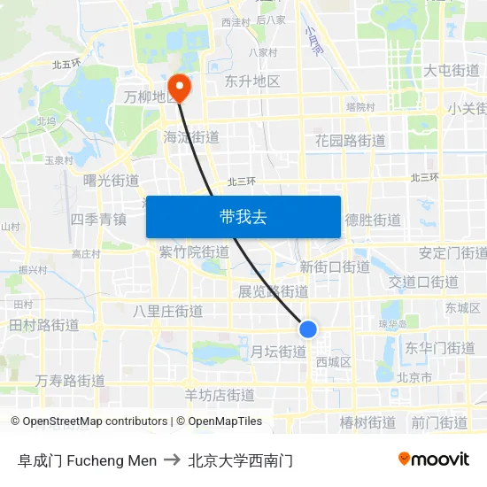 阜成门 Fucheng Men to 北京大学西南门 map