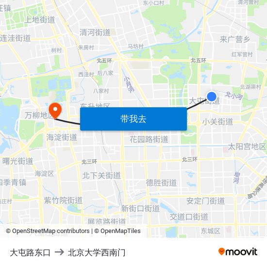 大屯路东口 to 北京大学西南门 map