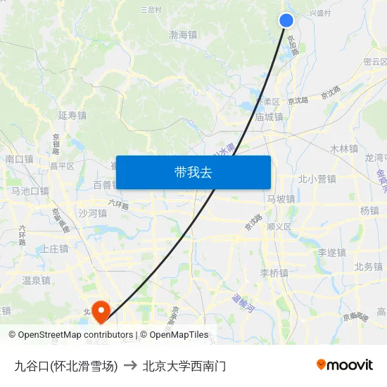 九谷口(怀北滑雪场) to 北京大学西南门 map