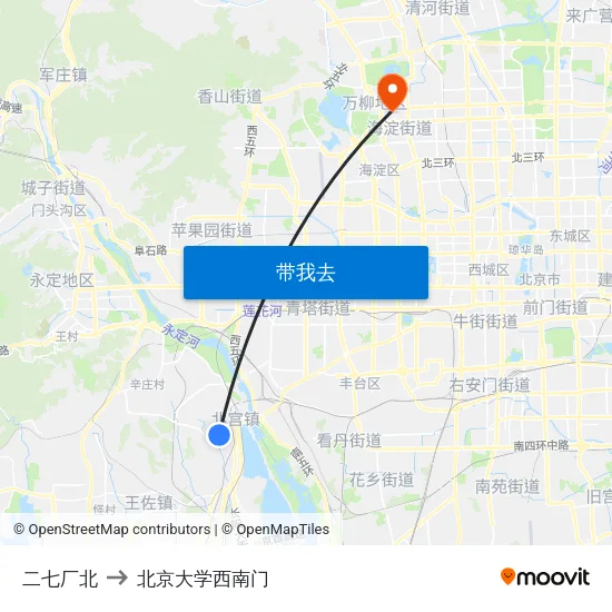二七厂北 to 北京大学西南门 map