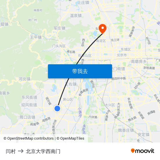 闫村 to 北京大学西南门 map