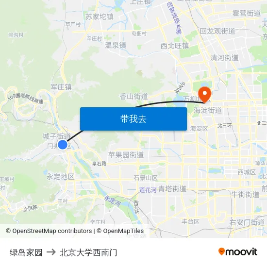 绿岛家园 to 北京大学西南门 map